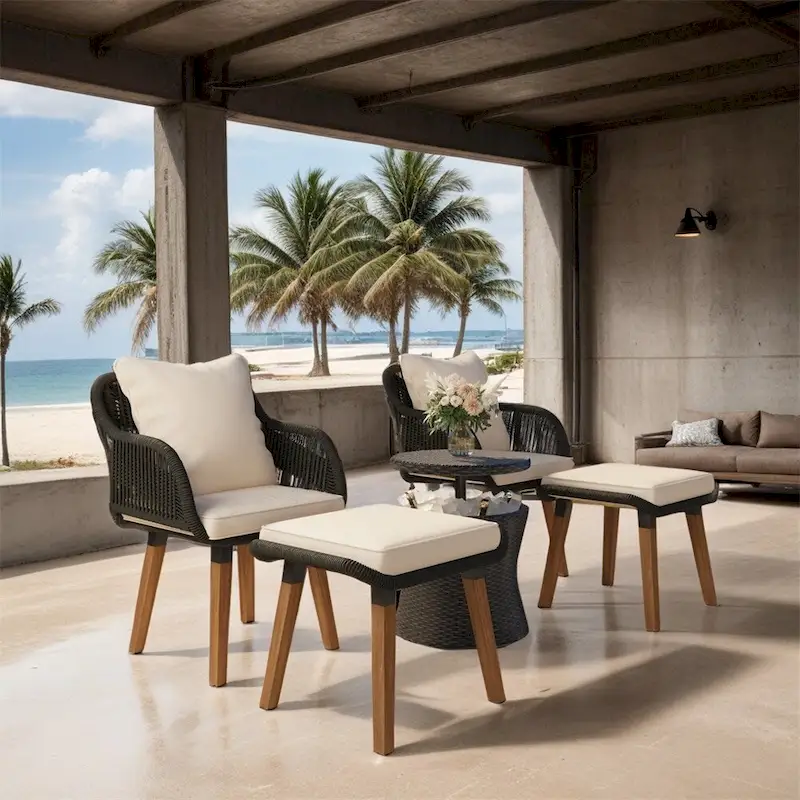 5 Pieces Patio Conversation Set with Wicker Cool Bar Table, Ottomans