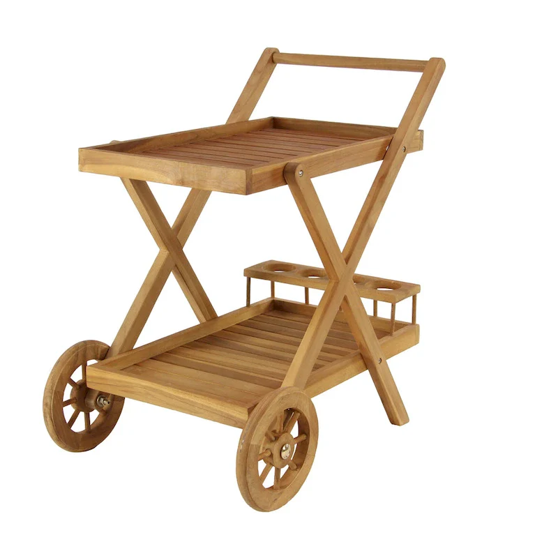 Teak Wood Rolling Bar Cart with 2 Shelves and Handle - Brown, 21W x 32L x 32H