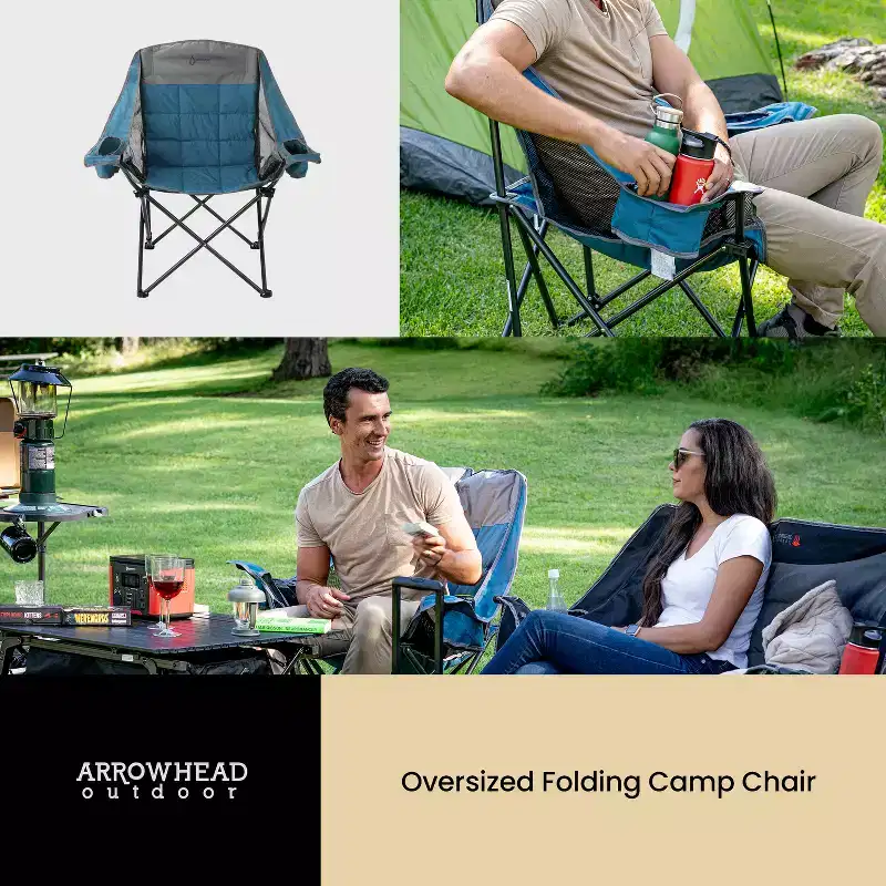 Arrowhead Outdoor Portable Oversized Folding Camp Chair with 2 Cup-Holders, Side Mesh Pockets, and Carry Bag, Blue