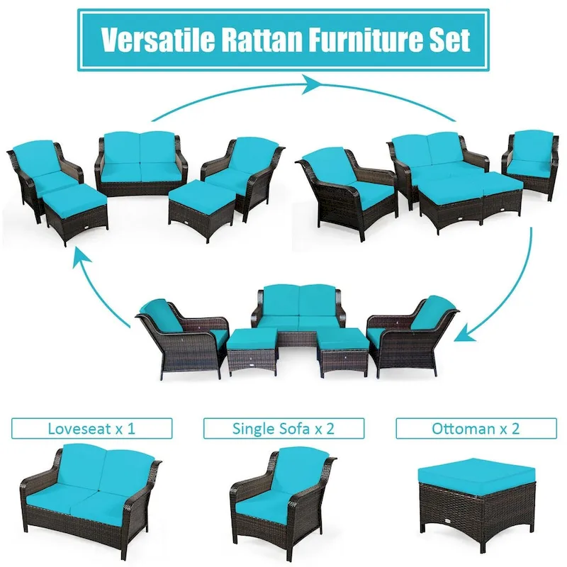 5 Pieces Patio Rattan Sofa Set with Cushion and Ottoman - 51 x 33.5 x 33 (L x W x H)