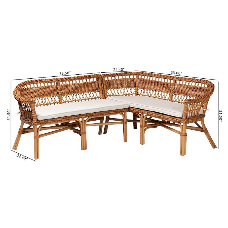 bali & pari Nella Modern Bohemian Natural Brown Rattan 2-Piece Dining Nook Banquette Set