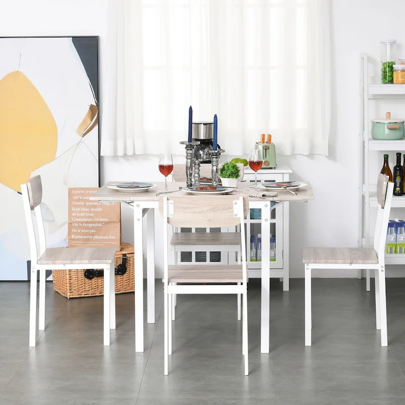 HOMCOM Modern 5-Piece Dining Table Set for 4 with Foldable Drop Leaf, 4 Chairs, and Metal Frame for Small Spaces, White