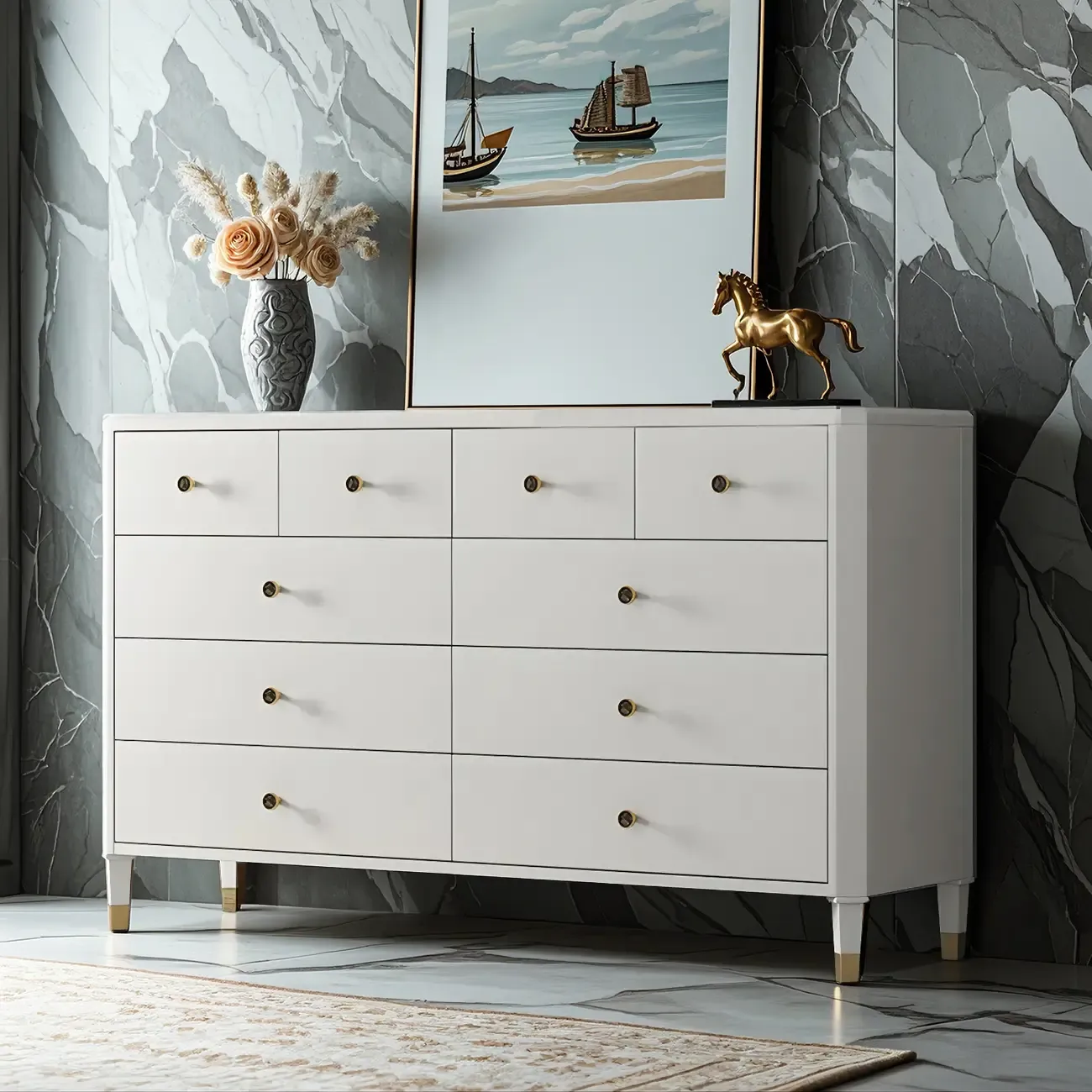 Minimalist Cherry Wooden Double Dresser with Drawers