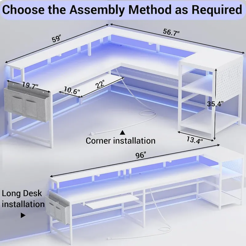 L Shaped Computer Desk Gaming Desk Keyboard Tray Power Outlets & LED