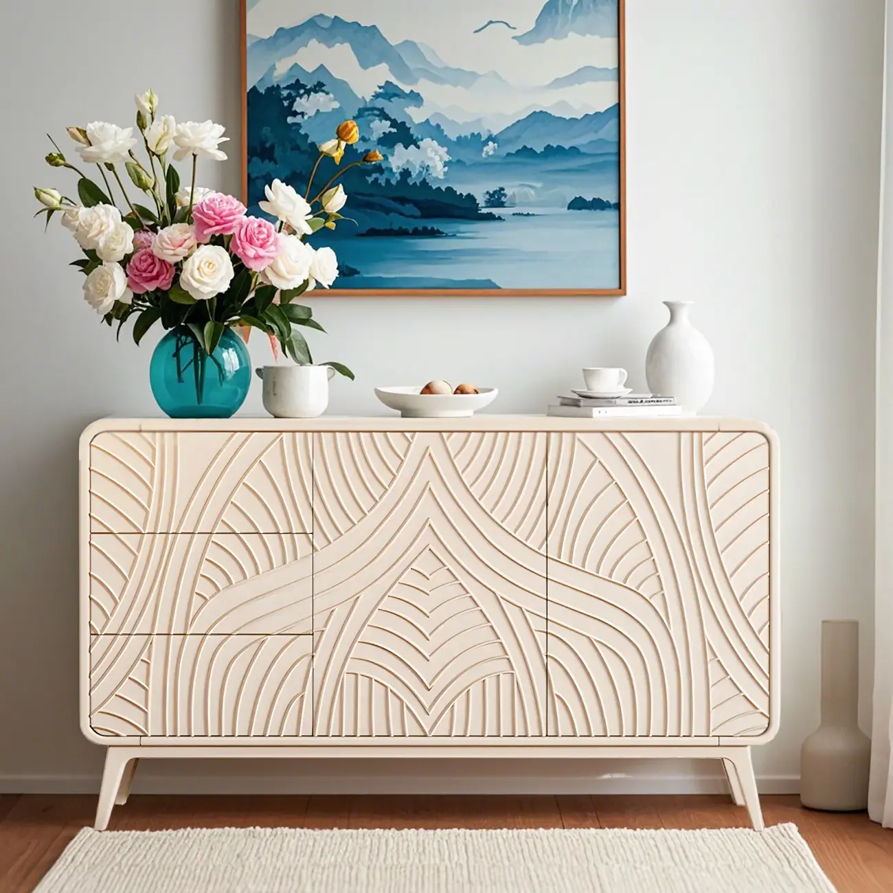 Glam White-Wood Protruding Lines Soft-Close Drawers Dresser