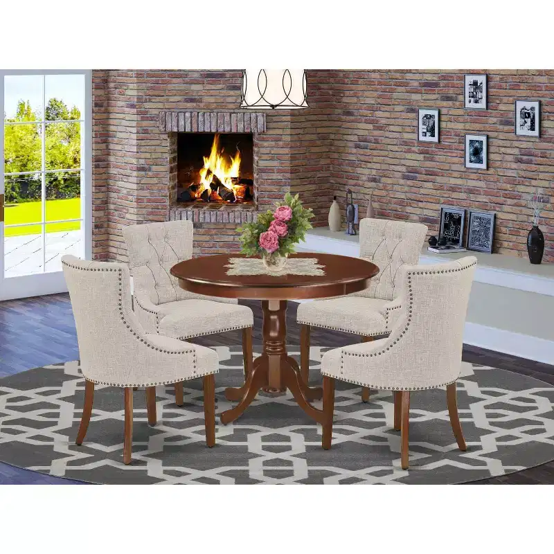 HomeStock 5-Piece Round Mahogany Finish Solid Wood Top Dining Table with 4 Parson Chair