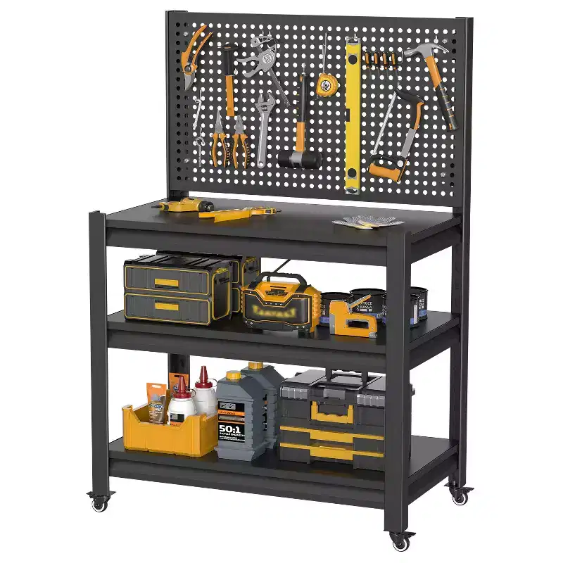VIYET 18 Heavy-Duty Metal Storage Shelving with Pegboard - 3-Tier Adjustable Garage Rack & Industrial Utility Shelf for Kitchen, Pantry & Garden