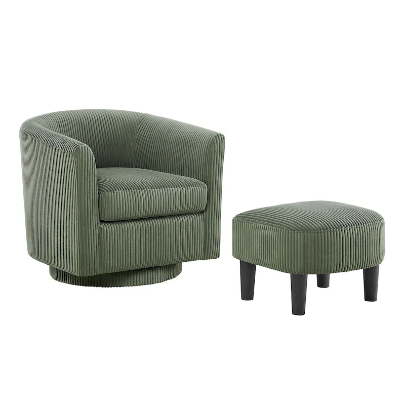 Green Corduroy Swivel Chair with Ottoman - Single Seat