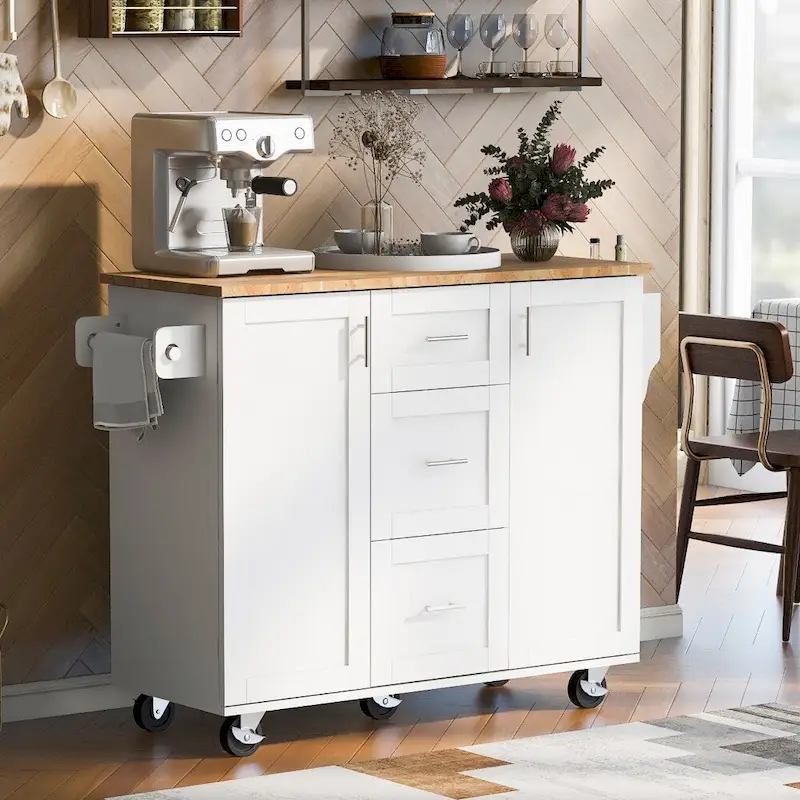 50 in. W Kitchen Island Rubberwood Top on 5 Wheels with 3 Drawers and 2 Slide-Out Shelf