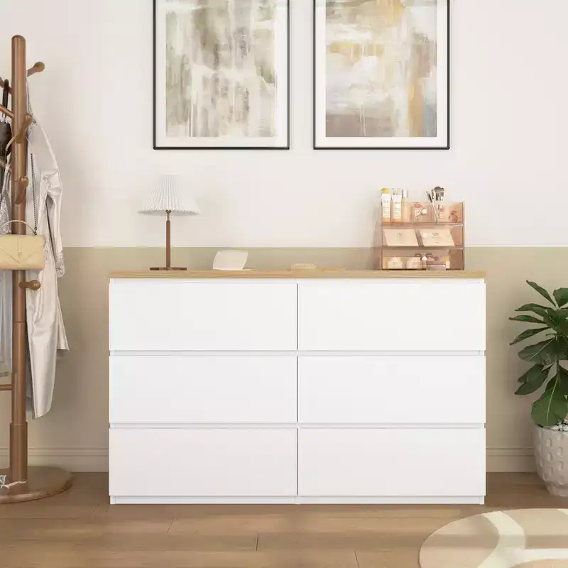 6 Drawers White Dresser for Bedroom, 47 Farmhouse Wood Dresser with Deep Drawer, TV Stand Storage Organizer Chest of Drawers for Living Room Hallway