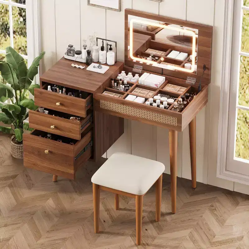 39-Inch Modern Makeup Vanity Desk with Flip-Top Mirror and Lights, 3 Drawers and 10 Compartments, Matching Stool for Bedroom