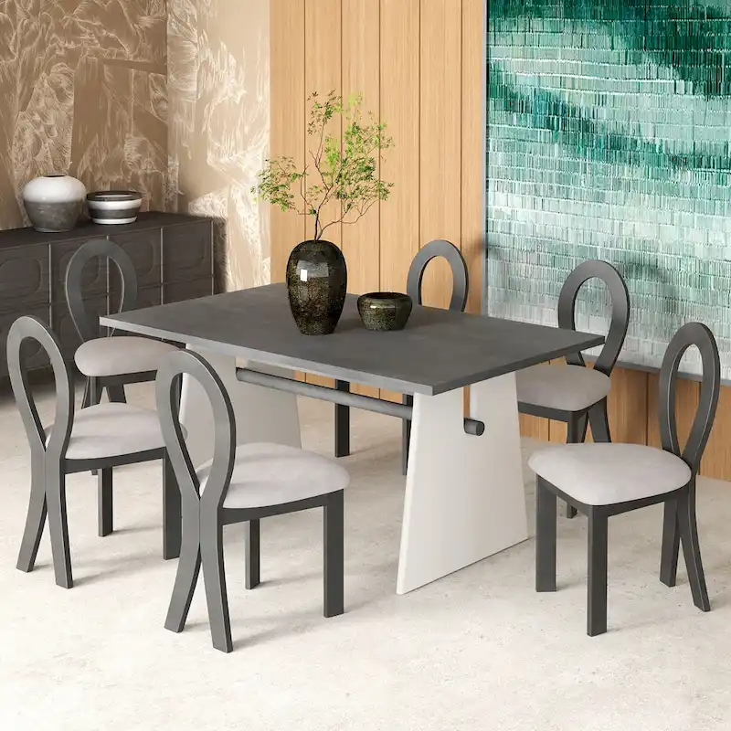 Modern 7-Piece Dining Table Set with 6 Upholstered Chairs