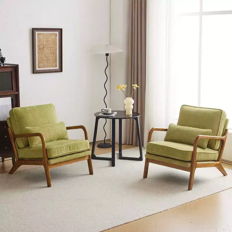 Karl Home 2Pcs Mid Century Solid Wood Accent Chair Upholstered Armchair with an Extra Pillow