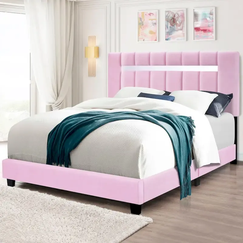 Queen Size Velvet Upholstered Bed Frame, Black / Pink / Green, Adjustable Height, Fits 2