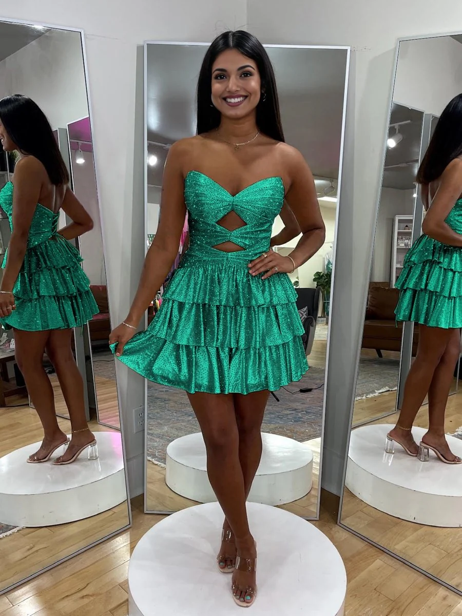 Green - A Line Sweetheart Satin Cut Out Ruffled Homecoming & Cocktail Dresses with Beads