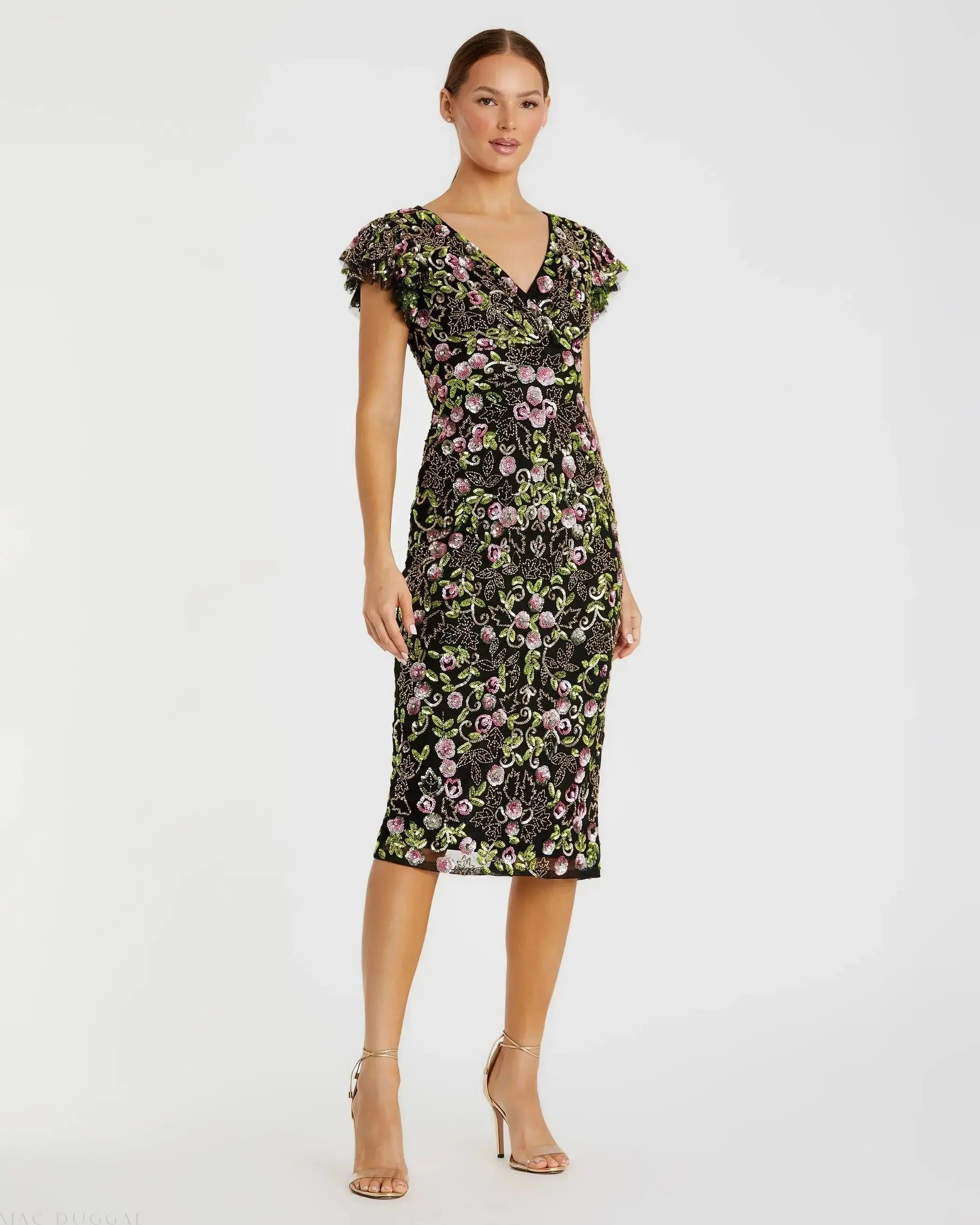 Floral Embellished Flutter Cap Sleeve Dress