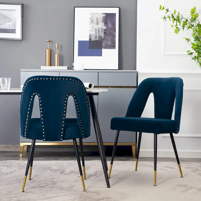 Set of 2 Modern & Contemporary Upholstered Dining Chairs with Nailheads and Metal Legs