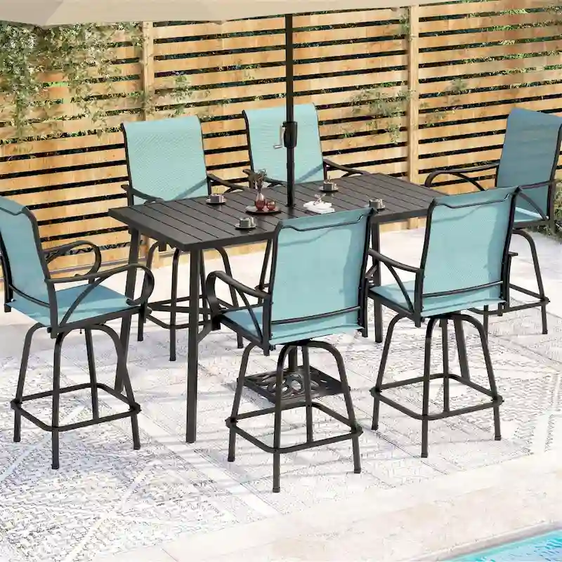 MAISON ARTS 7-Piece Patio Bar Stool Set Wood-grain Bar Table & Aqua Textilene Swivel Stools