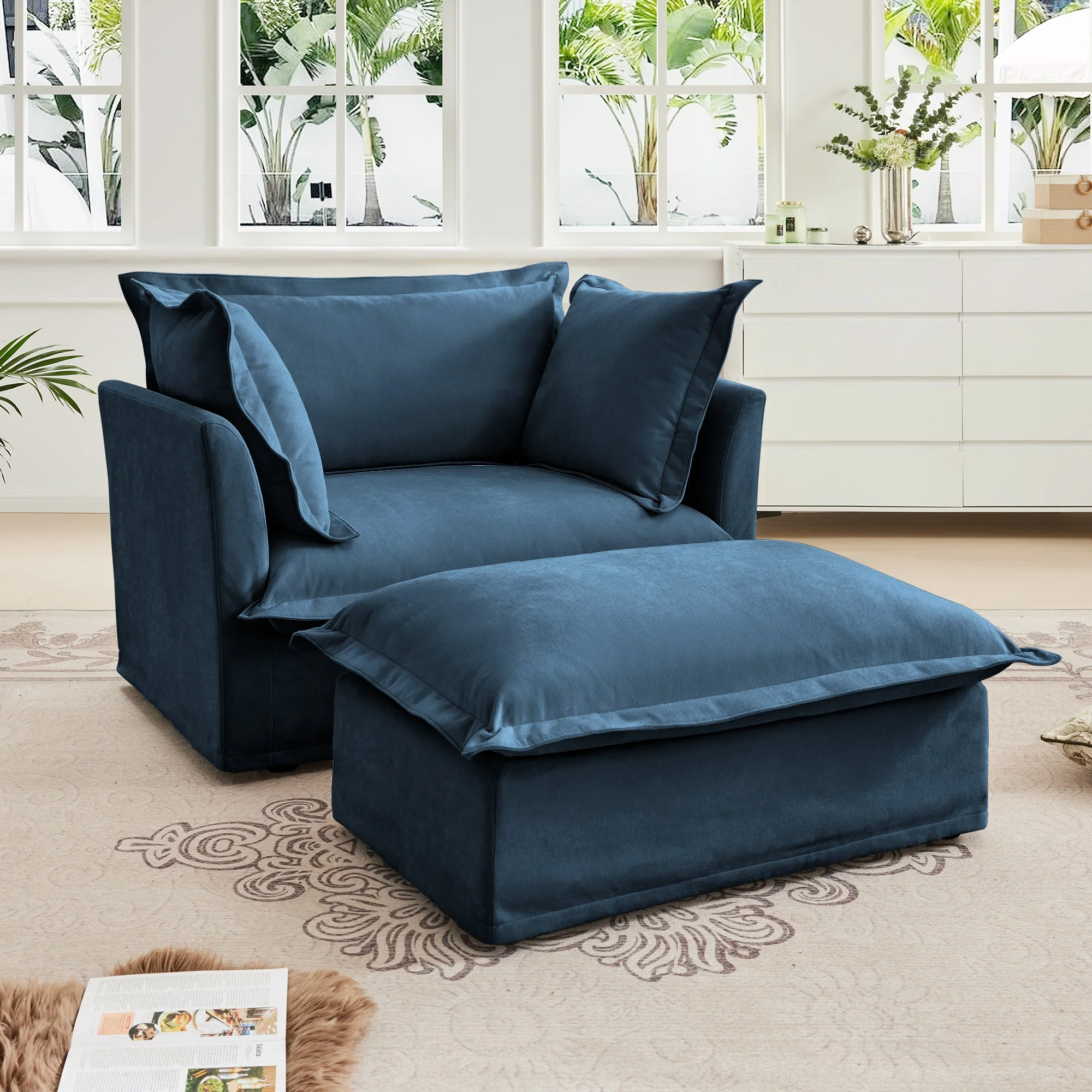 Walker Edison | Cloud Slipcovered Blue Armchair with Ottoman
