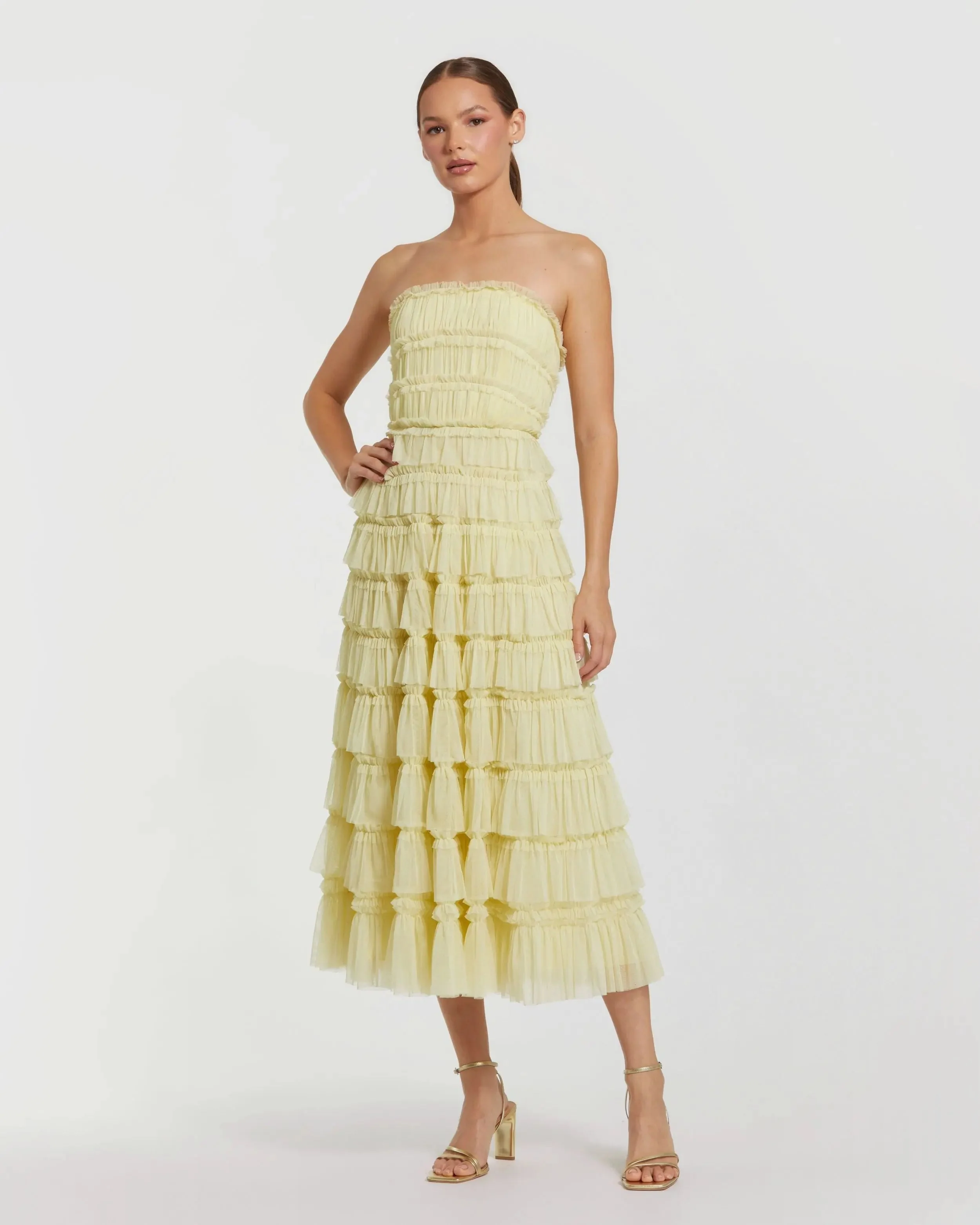 Yellow Mesh Micro Ruffle Strapless Midi Dress