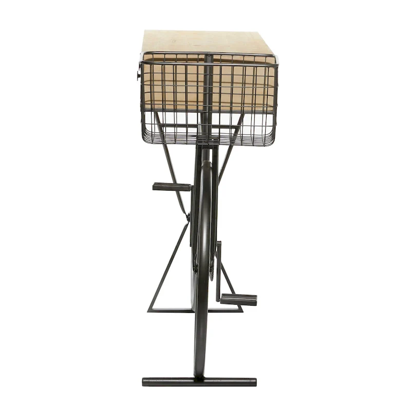 3 Drawers Metal Console Table with Brown Wood Top, Black, 15Wx58Lx34H