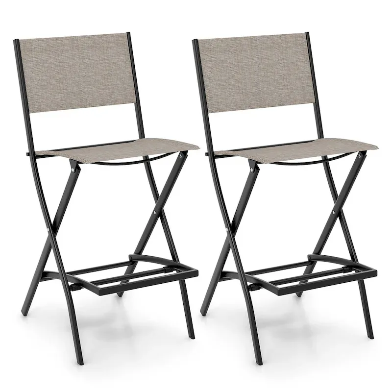 Gymax Folding Bar Stools Set of 2 Patio Sling Chairs w/ Backrest
