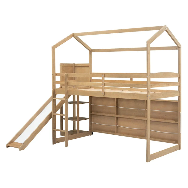Twin Wood House Loft Bed with Slide