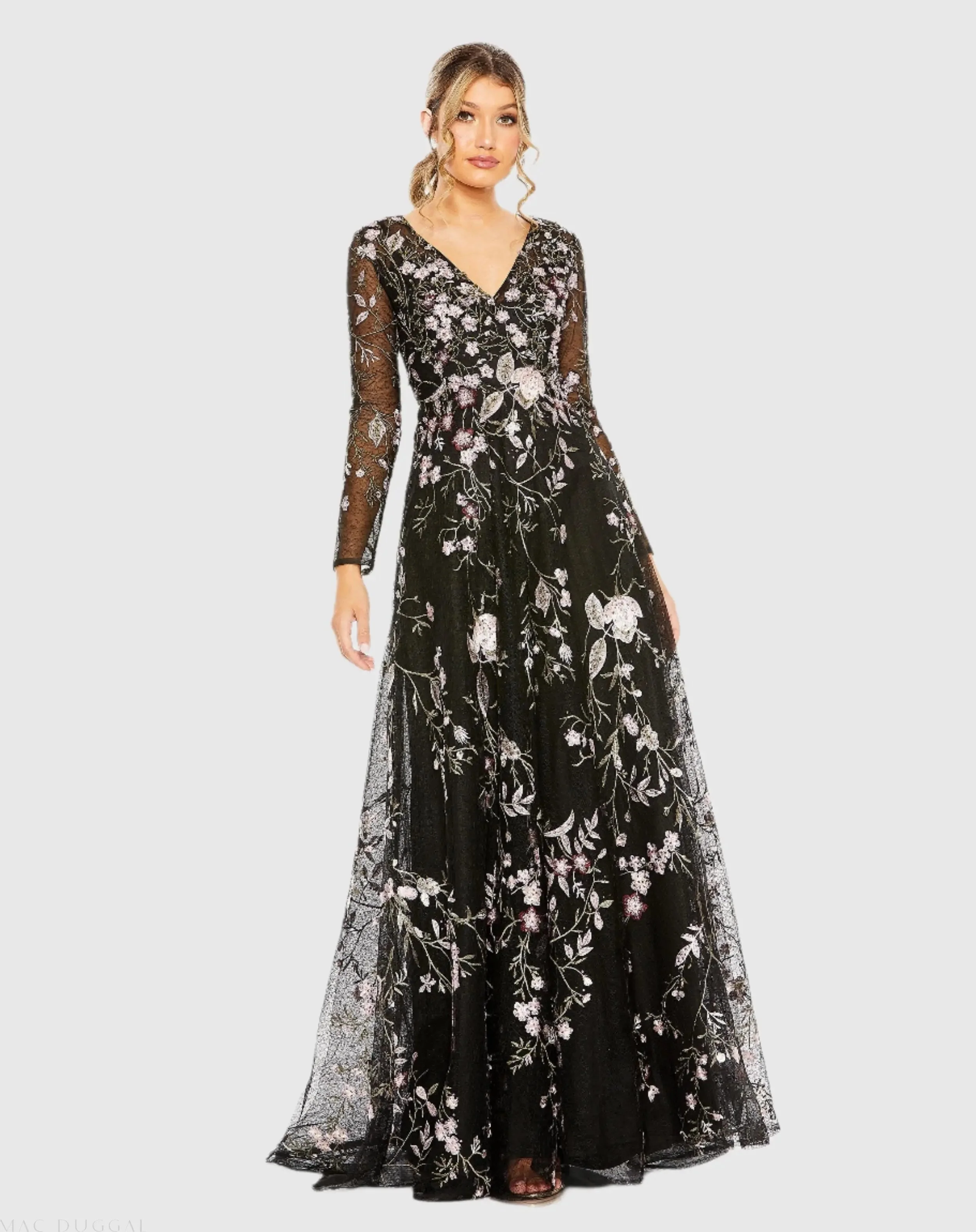 Black V-Neck Long Sleeve Embroidered A-Line Floral Gown