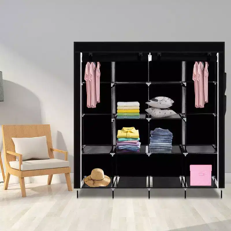 Karl Home 12-Cube Portable Closet Wardrobe with 2 Hanging Rods & 4 Side Pockets, 4-Tier Non-Woven Fabric Storage Organizer Black