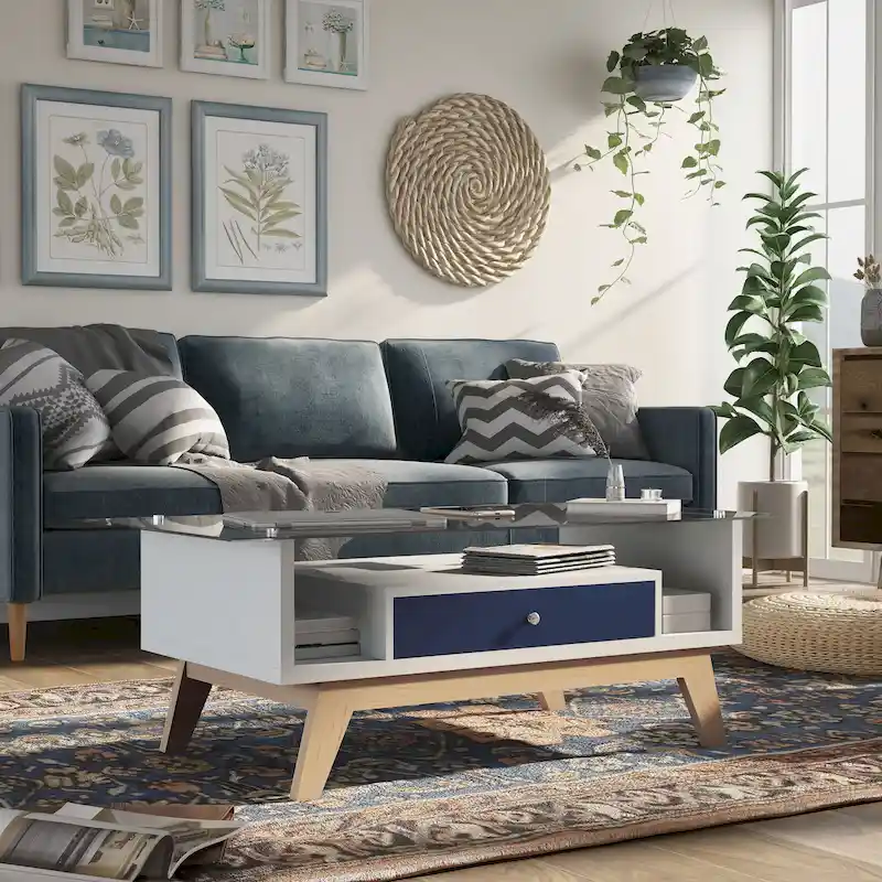 Glass Top Coffee Table - White/Natural Wood, Mid-Century Modern, Multi-User