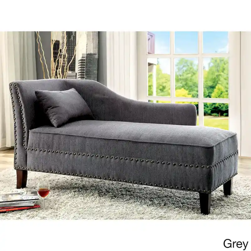 Dark Teal / Grey / Beige Linen Fabric Chaise Lounge with Nailhead Trim – Transitional Style, Seats 1