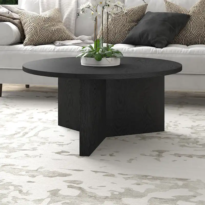 Round Coffee Table, Black Grain / Antiqued Gray Oak / Alder White, X-Base, 1-Person Use