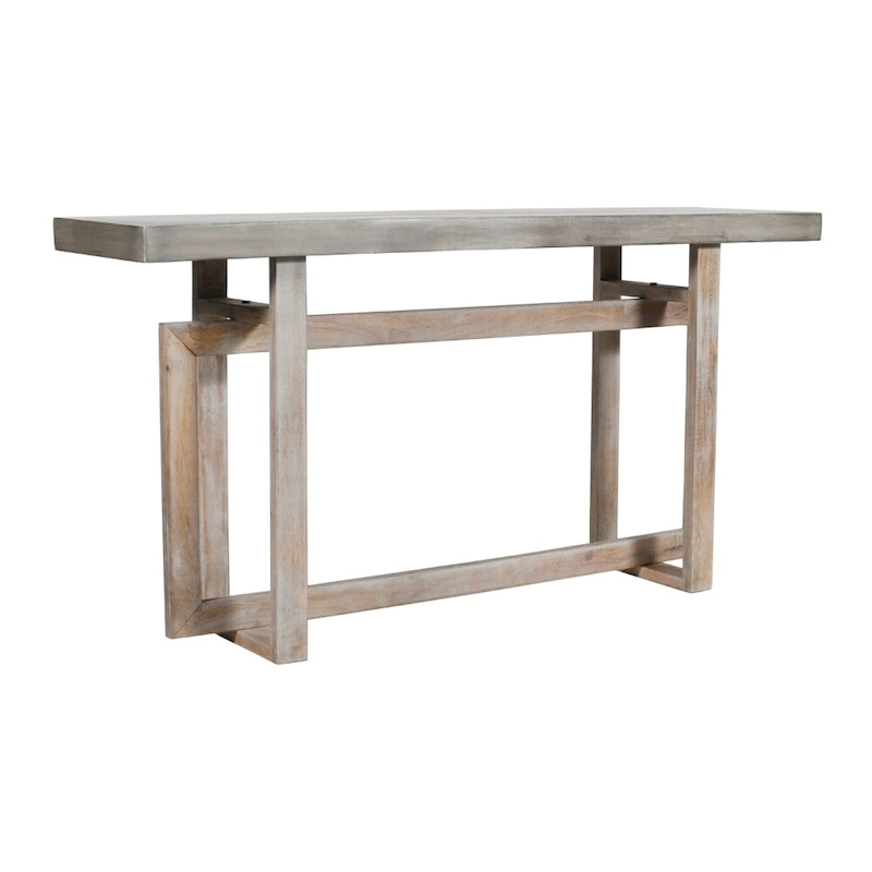 59 Inch Artisan Crafted Farmhouse Console Table with Geometric Interlocked Base, Rustic Light Brown