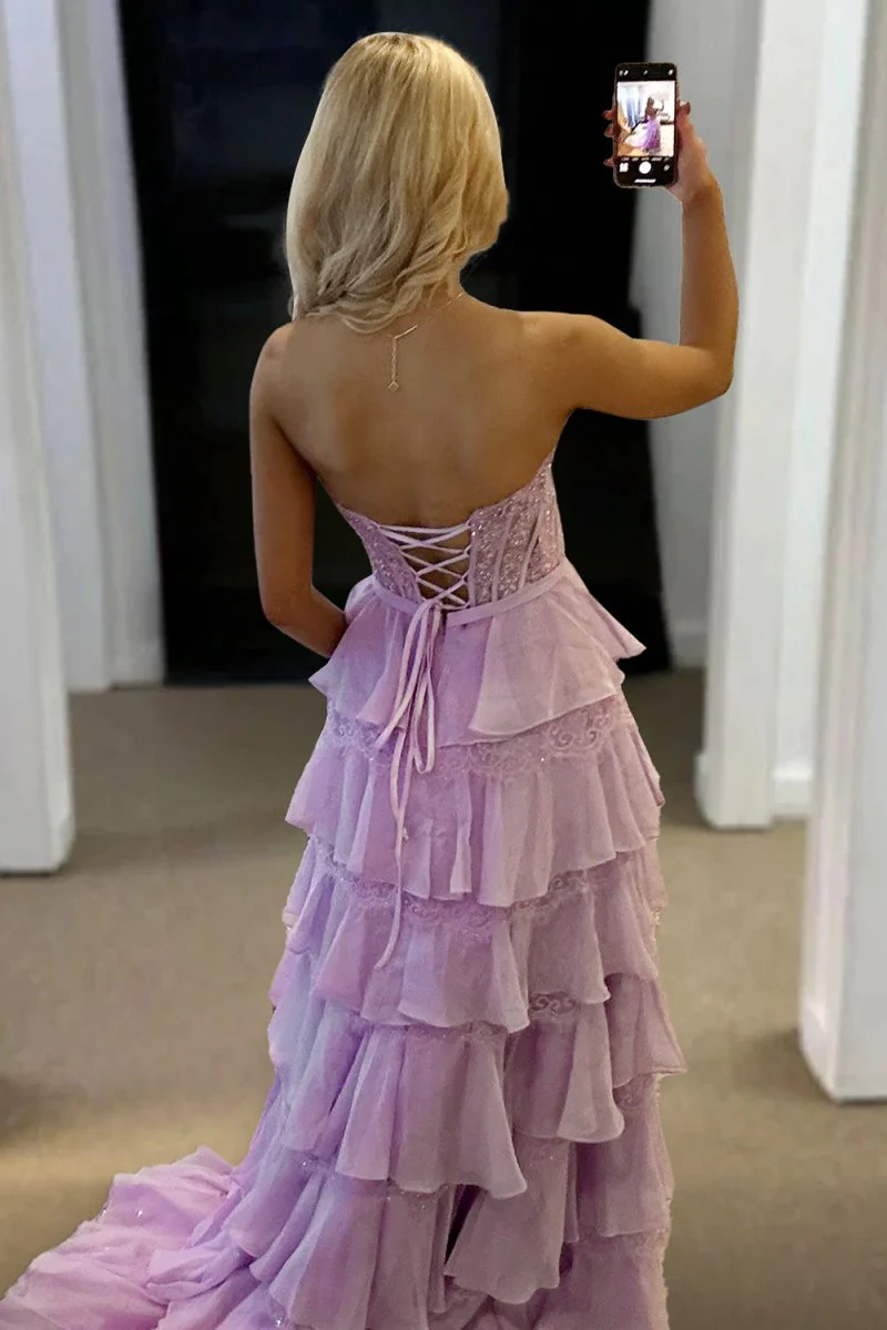 Lavender - Strapless A Line Chiffon Tiered Prom Dresses With Bow