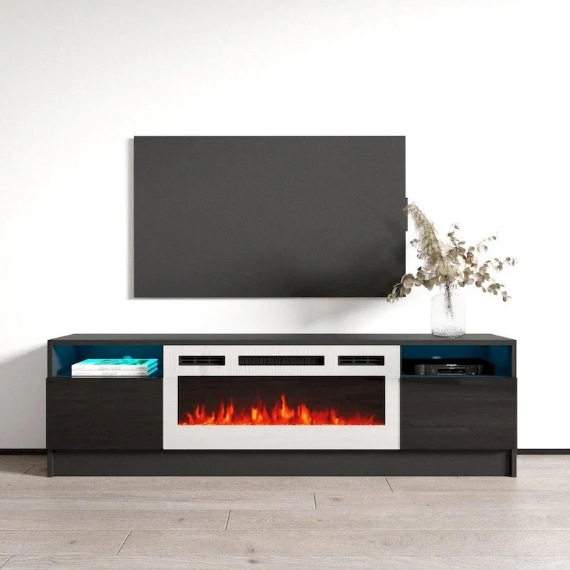 63 Inch TV Stand with Electric Fireplace Insert and LED Lighting