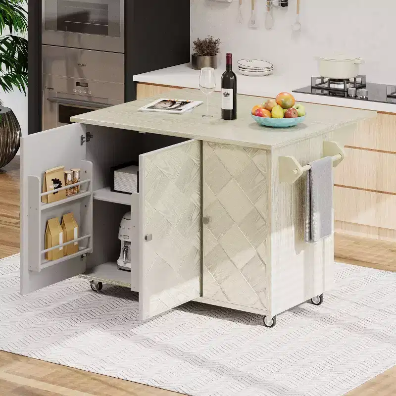 Okak Kitchen Island with Drop Leaf and Handwoven Doors, Kitchen Cart with Internal Storage Rack, Countertop Organizer for Kitchen
