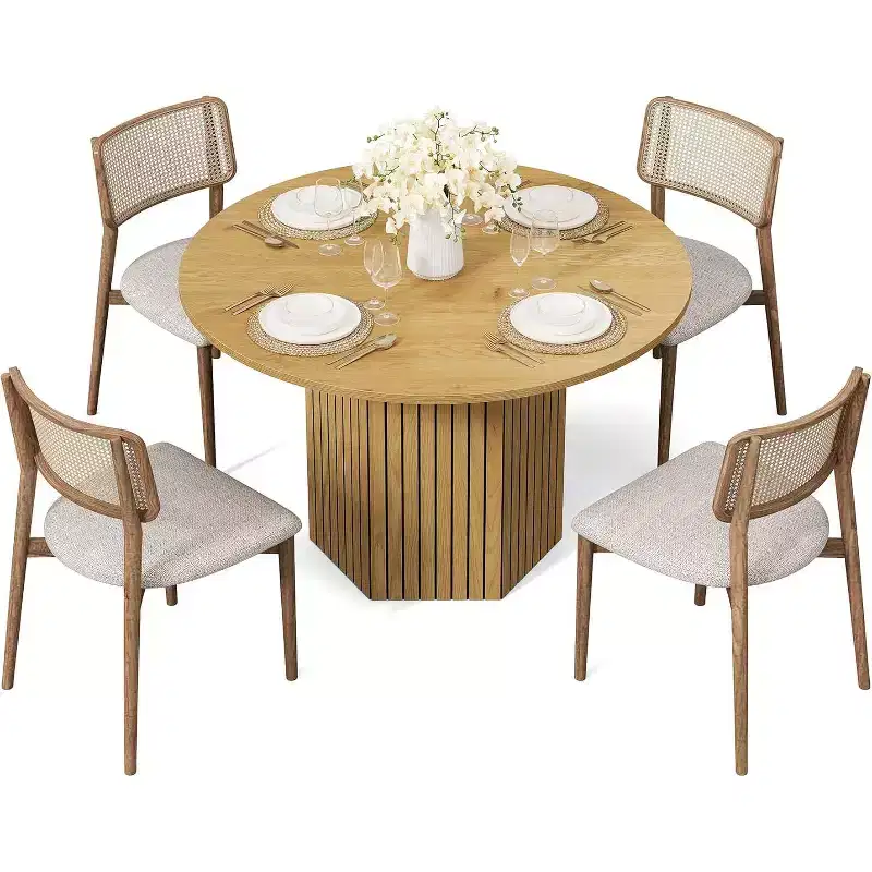 Lantine Round Wood Dining Table, 47-Inch Small Dining Table for 4, Modern Circle Kitchen Table with Wood Strip Base for Kitchen Living Room, Walnut
