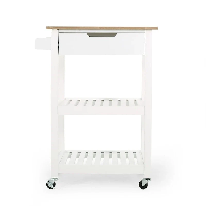 Compact Wooden Kitchen Cart with Wheels Shelves and Drawer by