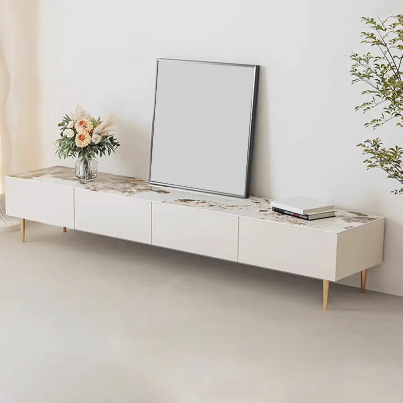 White Stone Cable Management Drawers TV Stand with Legs