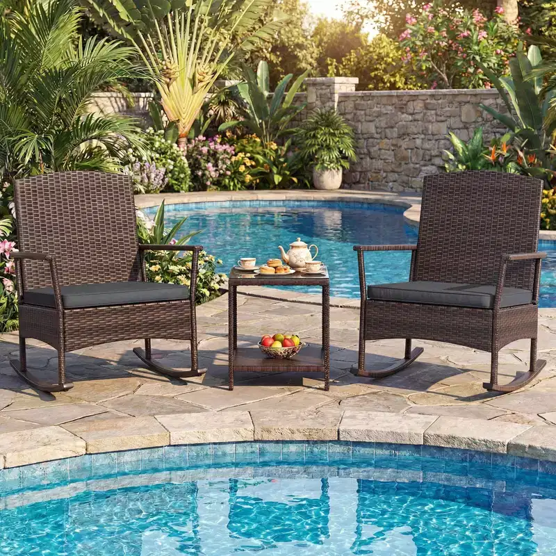 Costway 3 Piece Patio Rocking Set Wicker Rocking Chairs with 2-Tier Coffee Table Turquoise/Off White/Black