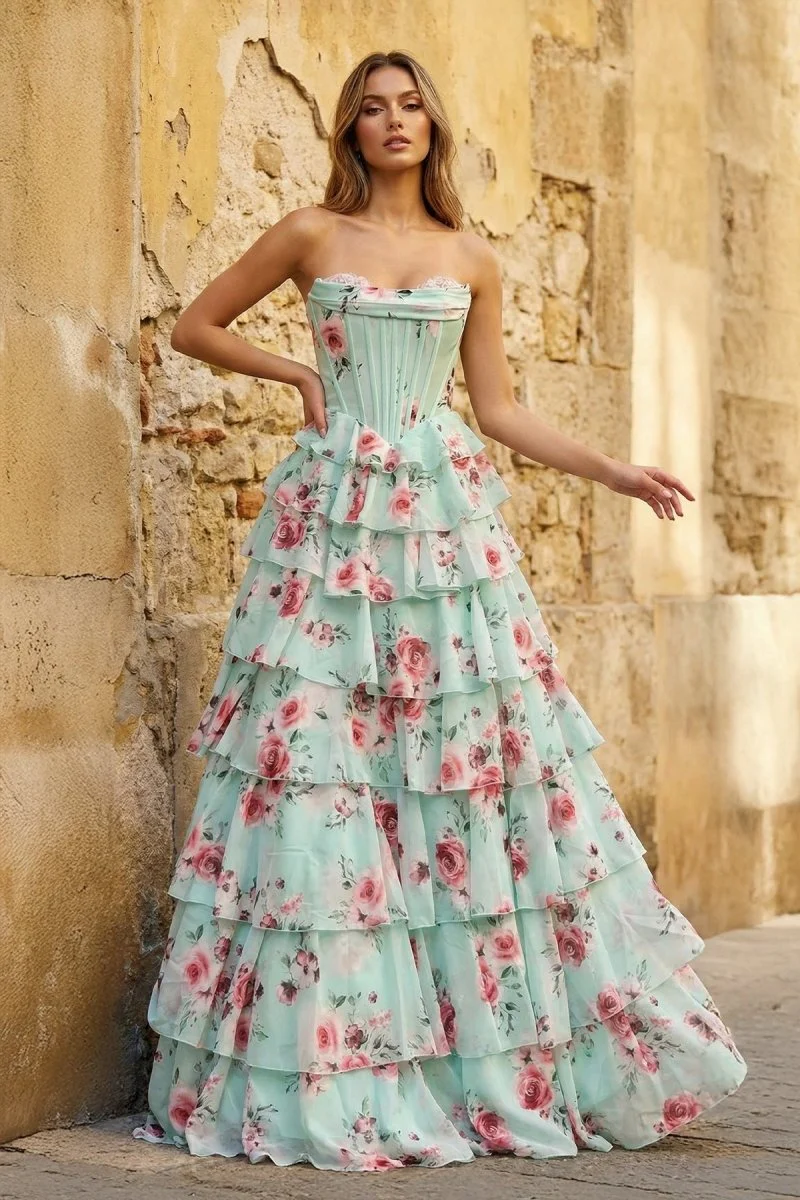 Mint Green Strapless A Line Chiffon Ruffled Long Prom Dresses With Floral