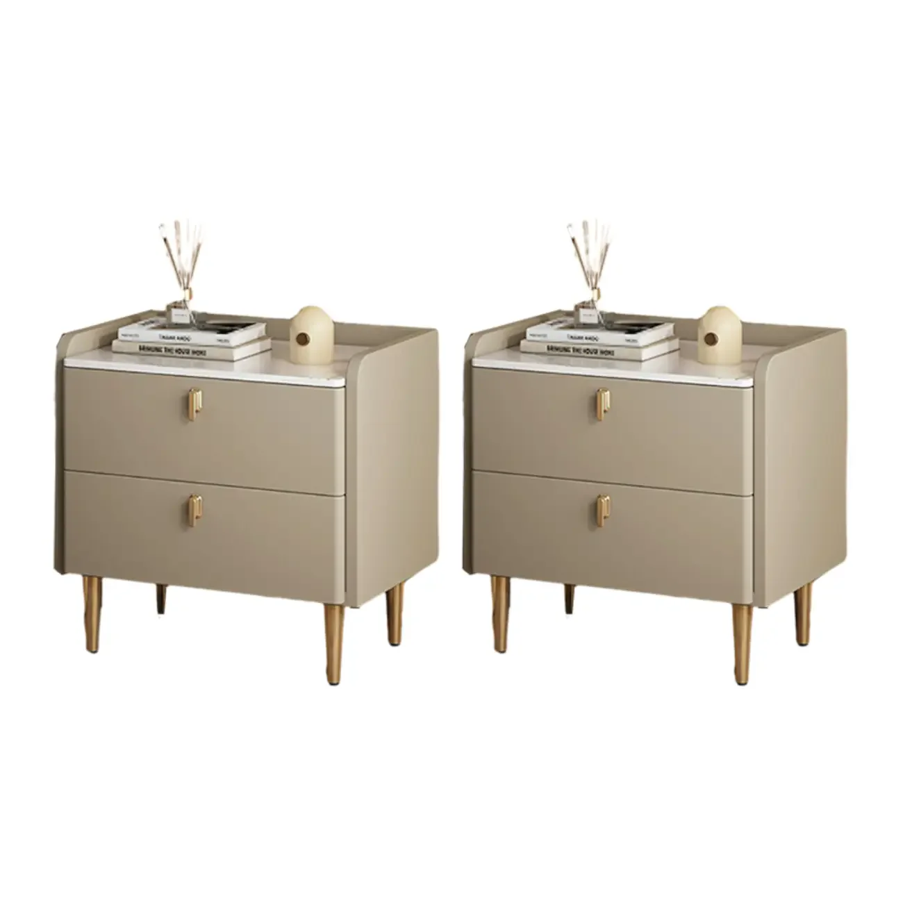 Modern Leather Stone Top Gold Accents 2-Drawer Nightstand