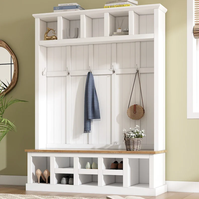 78H Modern Hall Tree with Wide Storage Seating Bench,Entryway Shoe Cabinet with 13 Compartments,Elegant Coat Rack with 6 Hooks
