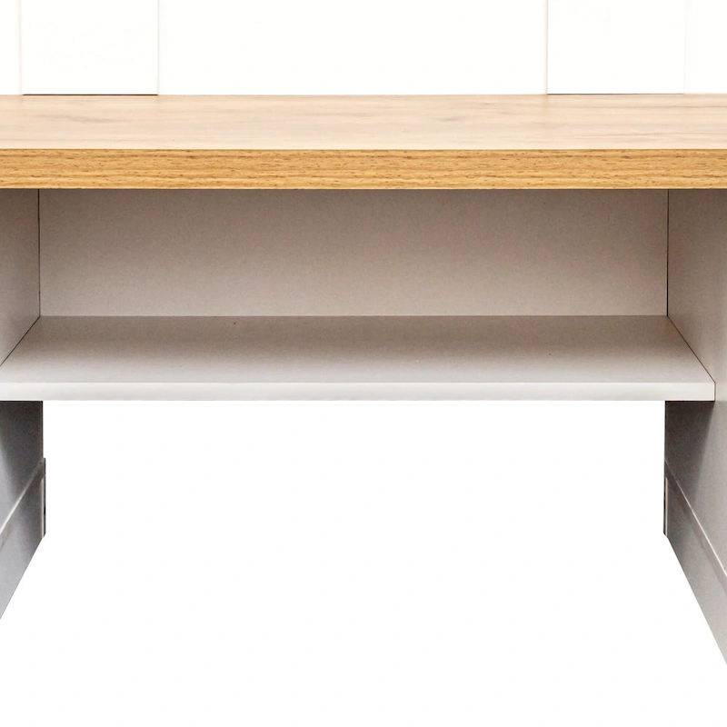 Farmhouse Hall Tree with Wood Grain Bench, Hooks and Bottom Cabinets