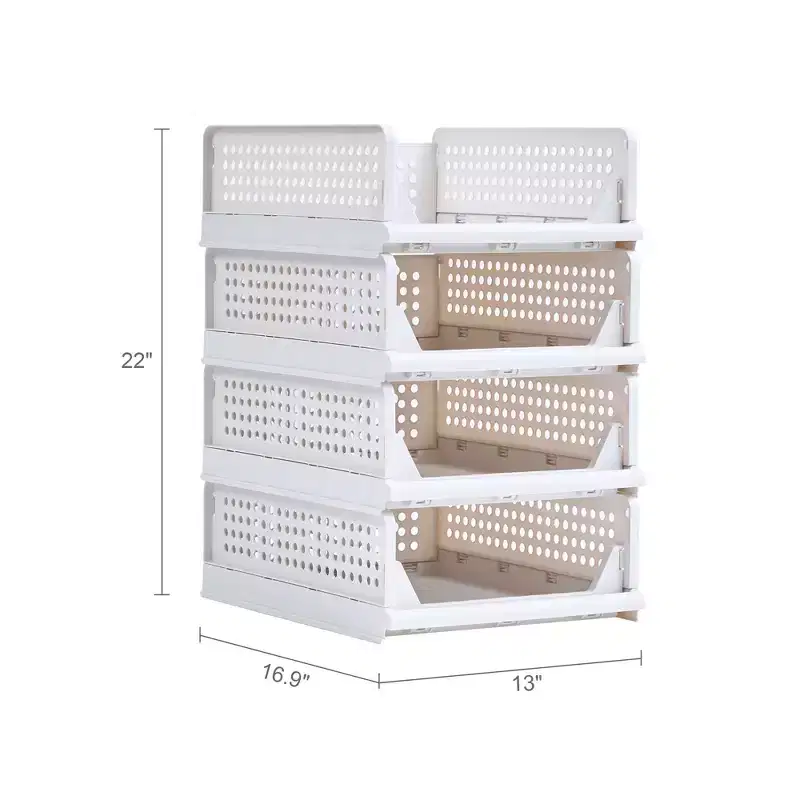 VECELO 4-Tier Plastic Closet Shelf Organizer, Stackable Sweater Storage Closet Drawers, Foldable Wardrobe Organizer, Gray