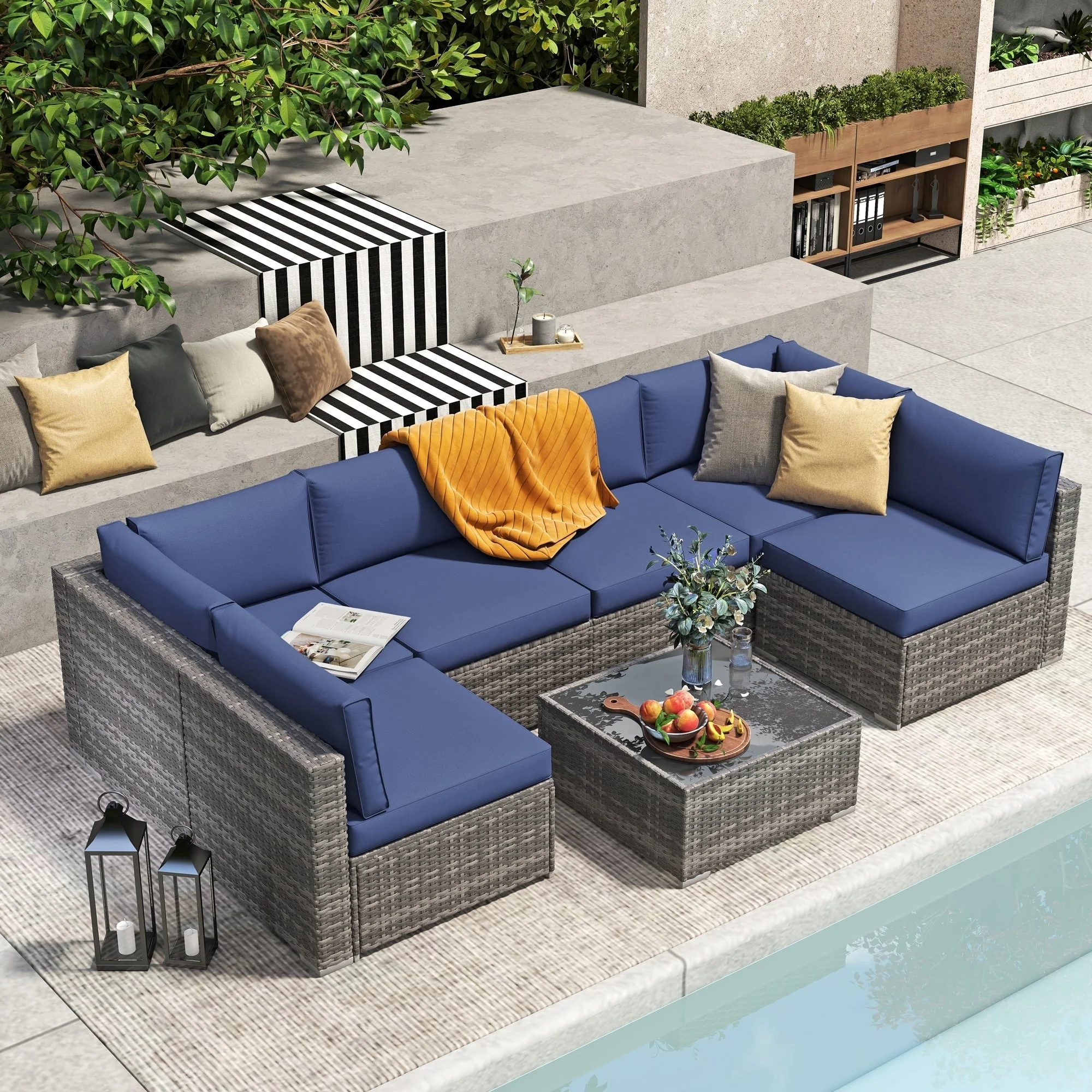 Wicker/ Steel 7-piece Outdoor Cushioned Sectional Sofa Set