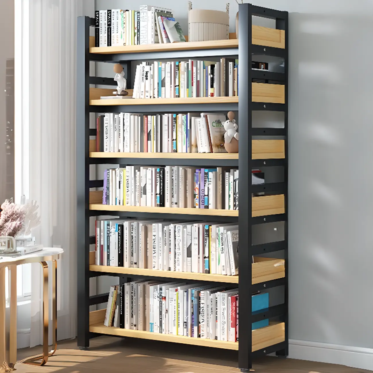 Freestanding Simple Multi-Layer Wood Bookshelf in Steel Frame