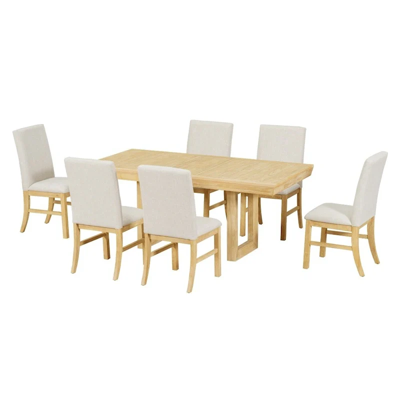 Retro 7-piece Rubber Wood Dining Set with 72 Extendable Butterfly Leaf Table and 6 Upholstered Chairs