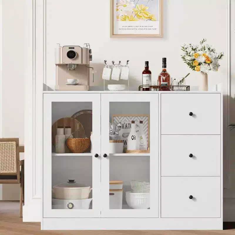 GustoWave Buffet Cabinet with Storage, 43 Modern Sideboard Kitchen Cabinet with Guardrail Design & Adjustable Shelves & 3 Drawers, Wood Buffet Table