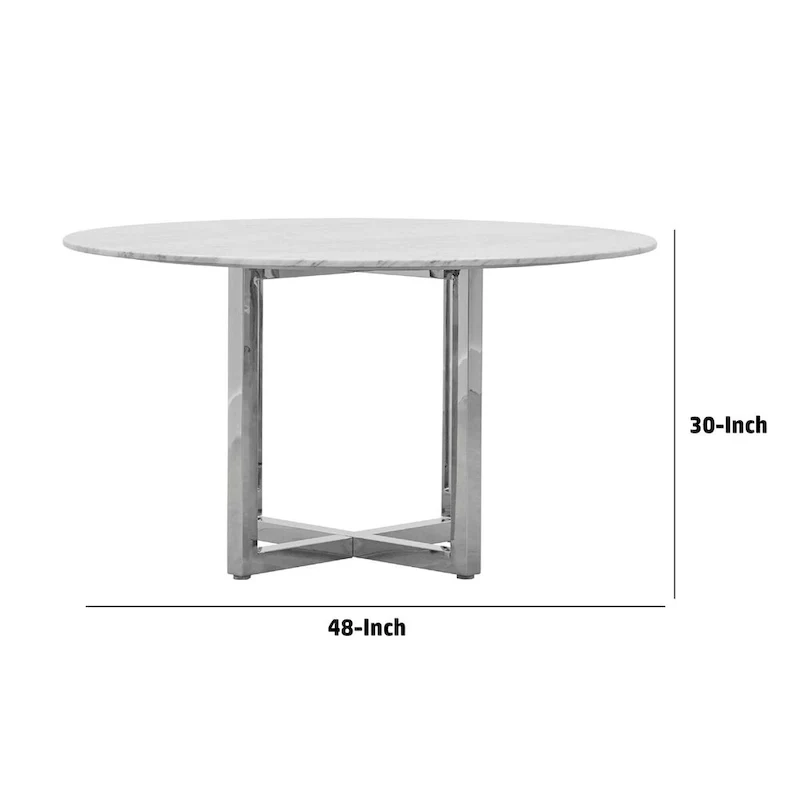 Eun 48 Inch Round Dining Table with Marble Top, Cross Base, Chrome